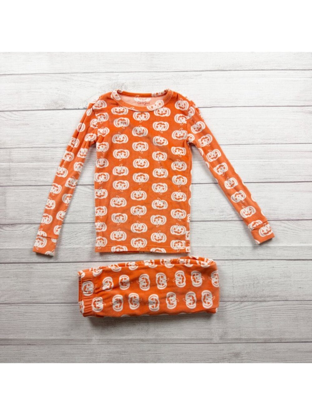 Cat & Jack Snuggly Soft Kid Pumpkin Halloween Pajama Set Long Sleeve Top Pants 8